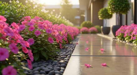 Fototapeta premium Low angle view of pink flowers along a modern garden path at sunset.