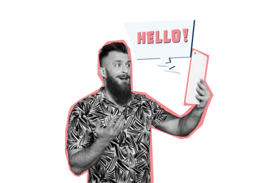 Composite photo collage of happy man hold phone video call telecommunication text box greeting hello streaming isolated on painted background