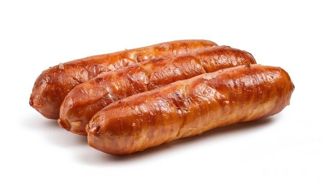 Close-up of grilled pork sausages on a white background