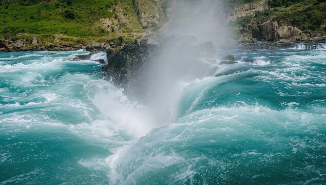 Flowing turquoise water and mist from a river waterfall captured with motion blur