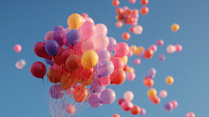 Colorful balloons flying to the blue sky celebrating joy, freedom, and festive events