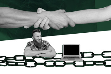 Banner creative poster art collage of happy freelancer man sit table wink laptop device business...