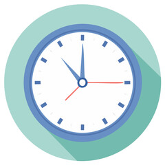 Modern flat design analog clock icon showing time with blue hands and red second hand
