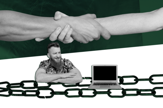 Banner creative poster art collage of happy freelancer man sit table wink laptop device business people handshake agree deal prison