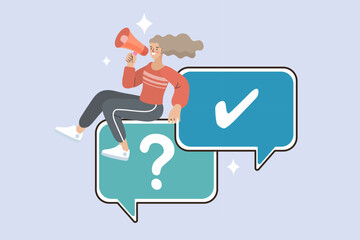 A woman with a megaphone sits on speech bubbles, turning a question mark into a check mark. This duotone outline illustration symbolizes Q&A, FAQ, problem-solving, and customer support.