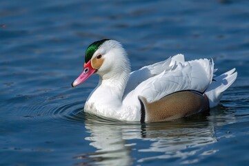 Fototapeta premium Large male croaker swimming in clear blue water with white and iridescent green feathers on its head and a long curved beak