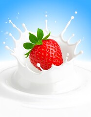 Vibrant Strawberry Plunging into Creamy Milk Splash Against Blue Sky