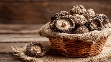 A basket overflowing with various mushrooms sits on a rustic wooden table showcasing natures bounty.