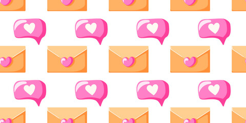 Seamless pattern with pink speech bubble and envelope with heart on white background in flat style. Design for valentines day, romantic communication theme.