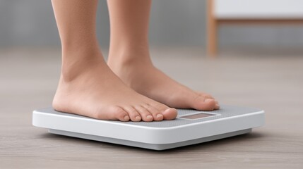Individual Standing on Bathroom Scale at Home for Health Monitoring and Weight Management in Modern and Bright Environment