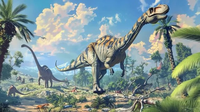 Scary hungry dinosaur with kind eyes and sharp teeth destroying public park