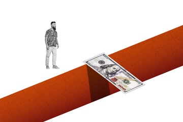 Composite trend artwork 3D sketch image photo collage of copyspace miniature young man stand edge...