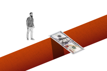 Composite trend artwork 3D sketch image photo collage of copyspace miniature young man stand edge cliff abyss money dollar banknote bridge