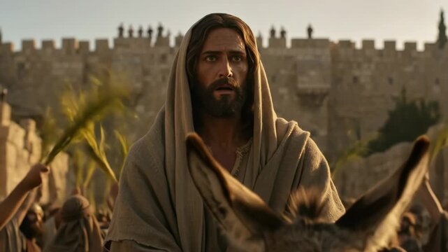Man on donkey entering ancient city with waving palm branches for Palm Sunday celebration footage