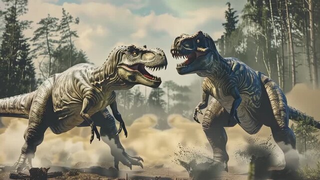 Scary hungry dinosaur with kind eyes and sharp teeth destroying public park