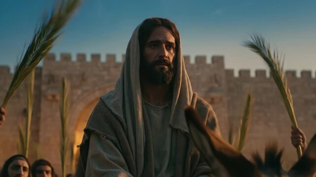 Man depicting Jesus riding a donkey during a biblical procession with palm branches, entering ancient Jerusalem, christianity footage