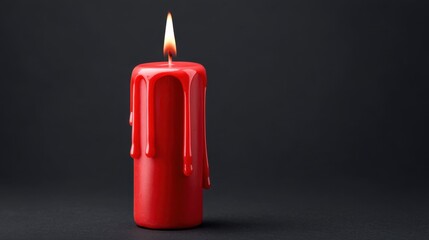Fototapeta premium Red Wax Candle with Burning Flame on Black Background, Capturing Warmth and Ambiance in Minimalist Style for Home Decor and Events