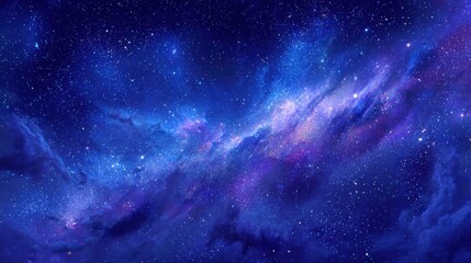 Naklejka premium Bright stars shine against a deep blue backdrop showcasing swirling galaxies in the cosmos.