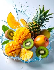 Vibrant Tropical Fruit Splash: Mango, Kiwi, Pineapple, and Water Dynamics.