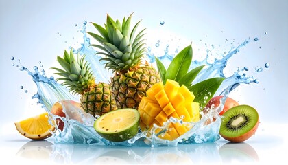 Vibrant Tropical Fruits Bursting with Water, Freshness, and Refreshing Appeal