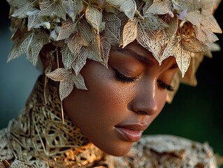 enchanting portrait of a woman in a woven leaf dress with an intricate ivy and lily crown - perfect for sporty interior posters or elegant home décor