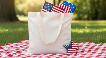 Tote bag with american flags on a picnic blanket in a park, symbolizing patriotism, summer celebrations, and outdoor gatherings with friends and family