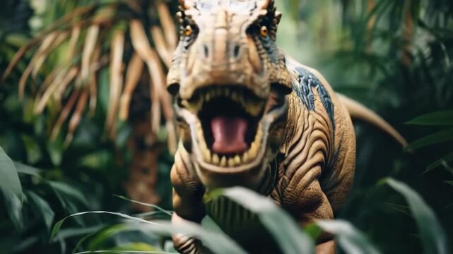 Scary hungry dinosaur with kind eyes and sharp teeth destroying public park