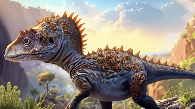 Scary hungry dinosaur with kind eyes and sharp teeth destroying public park