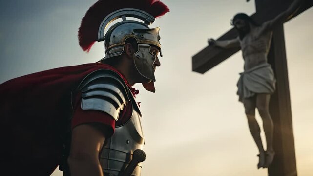 Caucasian man as Roman soldier contemplates crucified Jesus Christ at sunset in ancient biblical times footage