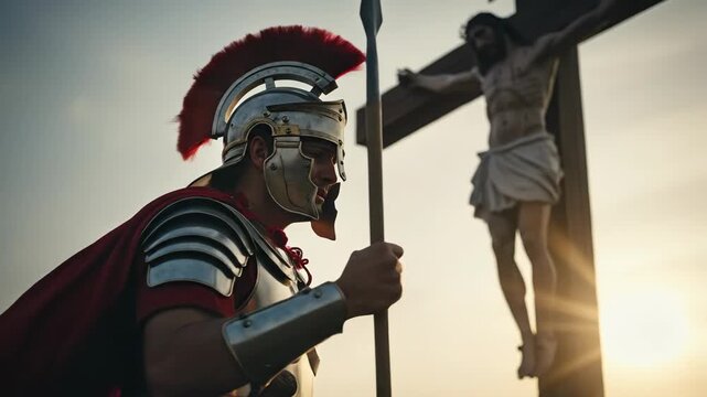 Roman male legionary watching Jesus Christ on cross at sunset, crucifixion in ancient biblical times, Christian religion footage.