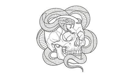 Intricate illustration of a skull encircled by a snake emblem of mortality and danger