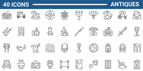 Antiques Web Icon Set in Line or outline Style. Icon For Web and Mobile App. Linear icon collection. Editable stroke. Vector illustration.