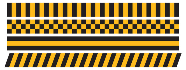 Set of taxi, police or caution tapes patterns isolated on white background. Black and yellow checkered and striped textures. Warning, prohobited or forbidden ribbons. Vector flat illustration © Andrii