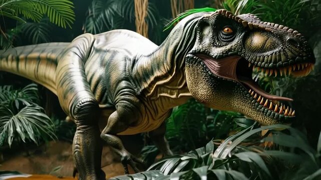 Scary hungry dinosaur with kind eyes and sharp teeth destroying public park