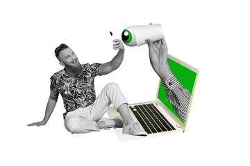 Composite collage image of man device social media spying eye watching control fantasy billboard...