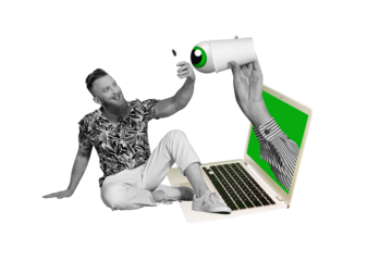 Composite collage image of man device social media spying eye watching control fantasy billboard comics zine