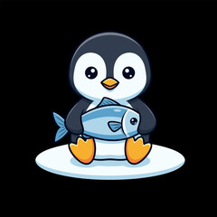 Adorable Penguin with Fish Illustration on Ice, Perfect for Cartoon Graphics