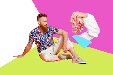 Creative poster collage of young man sit hand hold raw meat restaurant steak house cooking unusual...