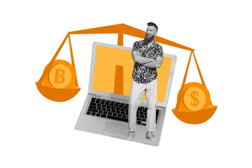 Composite collage image of young man earning money compare scales bitcoin dollar online investment...