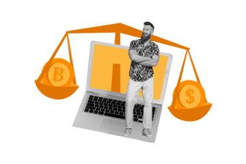 Composite collage image of young man earning money compare scales bitcoin dollar online investment account fantasy billboard comics zine