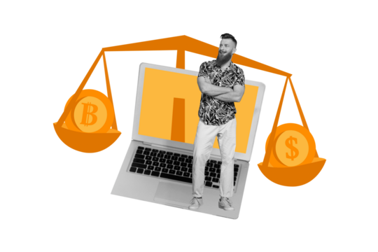 Composite collage image of young man earning money compare scales bitcoin dollar online investment account fantasy billboard comics zine