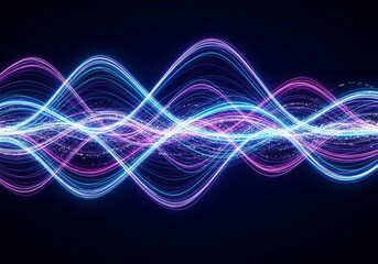 A minimalistic neon composition showing flowing cyan and magenta waves across a deep navy background. Subtle glowing dots enhance the depth and futuristic tone. The lines form a rhythmic digital patte