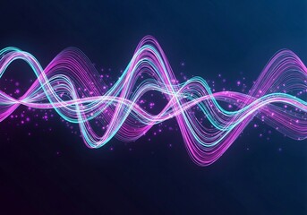 A minimalistic neon composition showing flowing cyan and magenta waves across a deep navy background. Subtle glowing dots enhance the depth and futuristic tone. The lines form a rhythmic digital patte