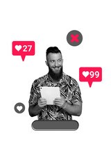 Composite trend artwork image photo collage of monochrome young man hand hold tablet blogger...