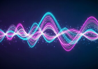 A minimalistic neon composition showing flowing cyan and magenta waves across a deep navy background. Subtle glowing dots enhance the depth and futuristic tone. The lines form a rhythmic digital patte