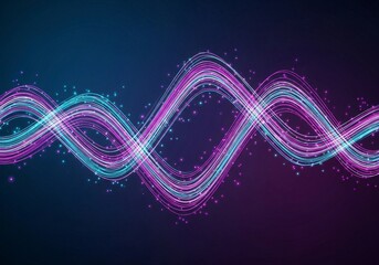 A minimalistic neon composition showing flowing cyan and magenta waves across a deep navy background. Subtle glowing dots enhance the depth and futuristic tone. The lines form a rhythmic digital patte