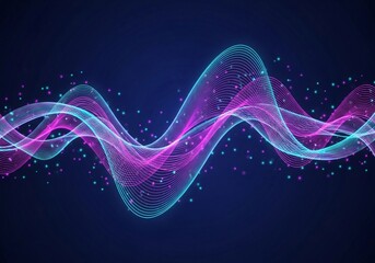 A minimalistic neon composition showing flowing cyan and magenta waves across a deep navy background. Subtle glowing dots enhance the depth and futuristic tone. The lines form a rhythmic digital patte