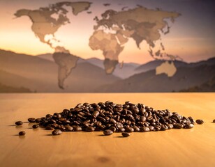 A wooden table hosts a pile of dark roasted beans, with a blurred world map background, and a mountain range as a backdrop
