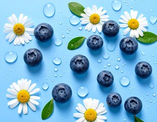 Blueberry Bliss - A Refreshing Composition with Daisies and Water Droplets.