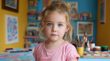 Fototapeta premium Young Child Immersed in Colorful Art Studio Surrounded by Bright Paintings and Cheerful Colors, Capturing Joy of Creativity and Imagination
